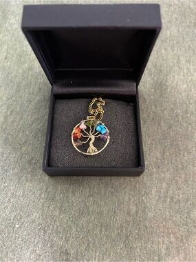 Gold Tree of Life Pendant Necklace with Multicolor Gem Accents